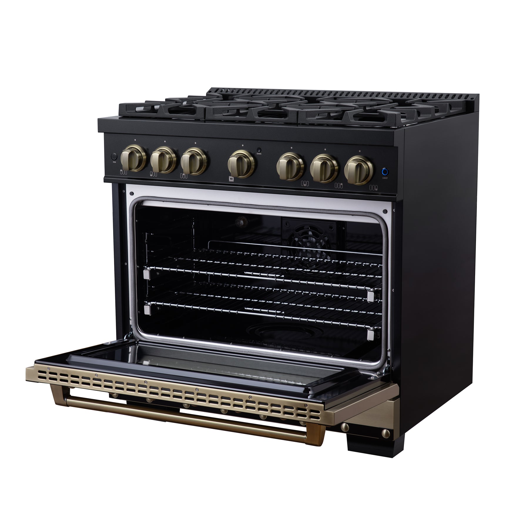 Valente 36" Dual Fuel Range in Black, 6 Sealed Burners, 71 000 BTU Cooktop Output , 5.2 Cu.Ft. convection Oven, Telescopic Racks - BonPrix Électroménagers