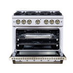 Valente 36" Dual Fuel Range in White, 6 Sealed Burners, 71 000 BTU Cooktop Output , 5.2 Cu.Ft. convection Oven, Telescopic Racks - BonPrix Électroménagers