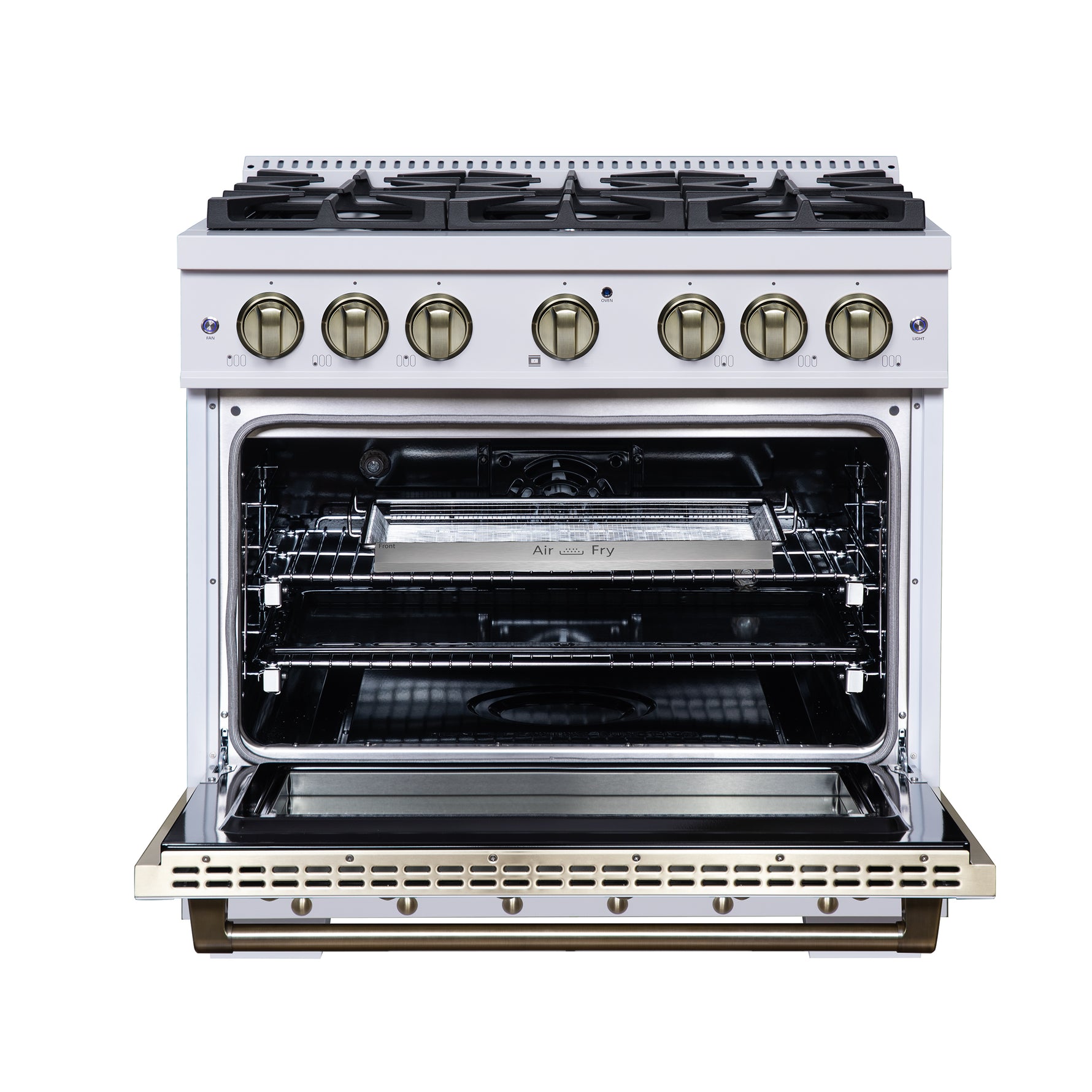 Valente 36" Dual Fuel Range in White, 6 Sealed Burners, 71 000 BTU Cooktop Output , 5.2 Cu.Ft. convection Oven, Telescopic Racks - BonPrix Électroménagers