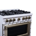 Valente 36" Dual Fuel Range in White, 6 Sealed Burners, 71 000 BTU Cooktop Output , 5.2 Cu.Ft. convection Oven, Telescopic Racks - BonPrix Électroménagers
