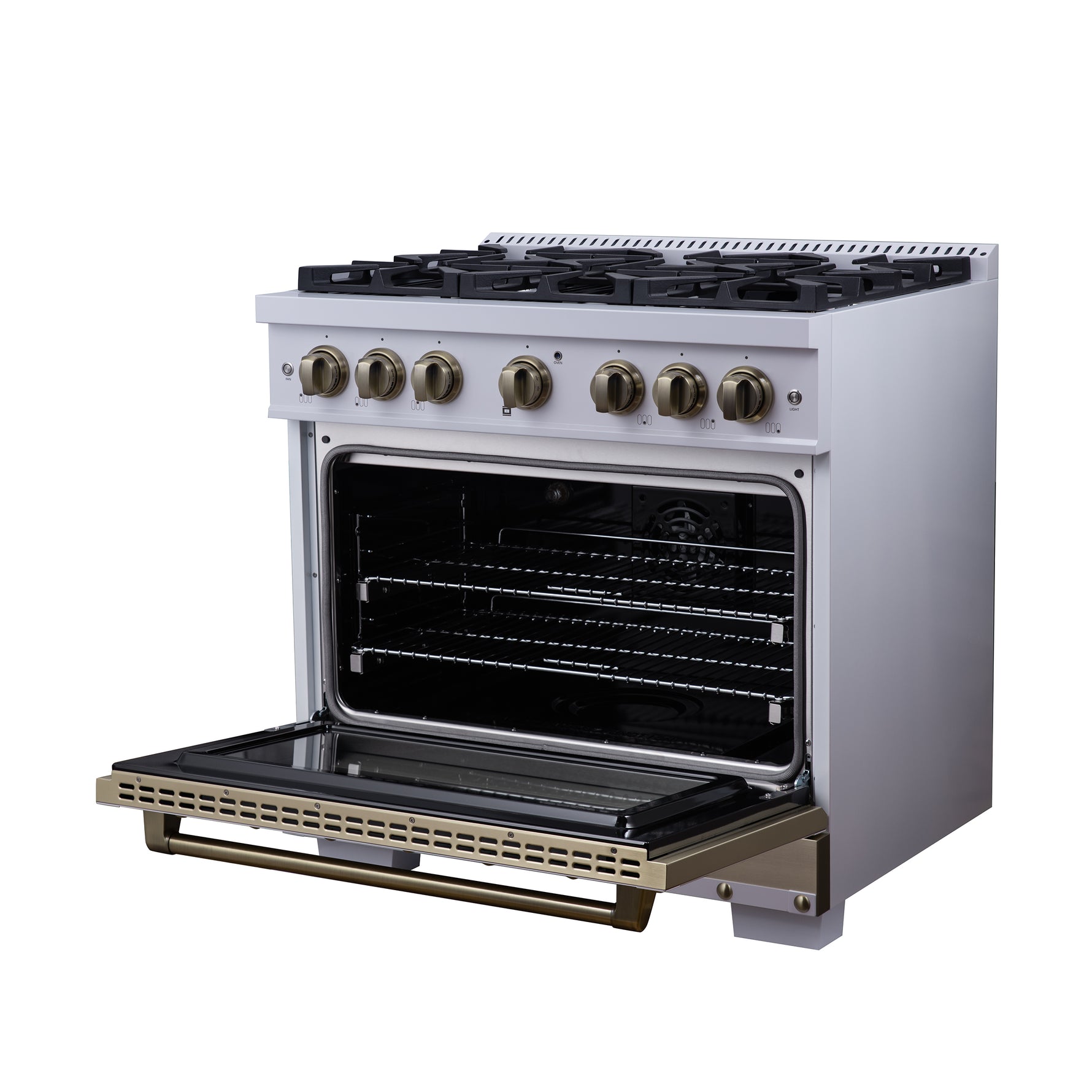 Valente 36" Dual Fuel Range in White, 6 Sealed Burners, 71 000 BTU Cooktop Output , 5.2 Cu.Ft. convection Oven, Telescopic Racks - BonPrix Électroménagers