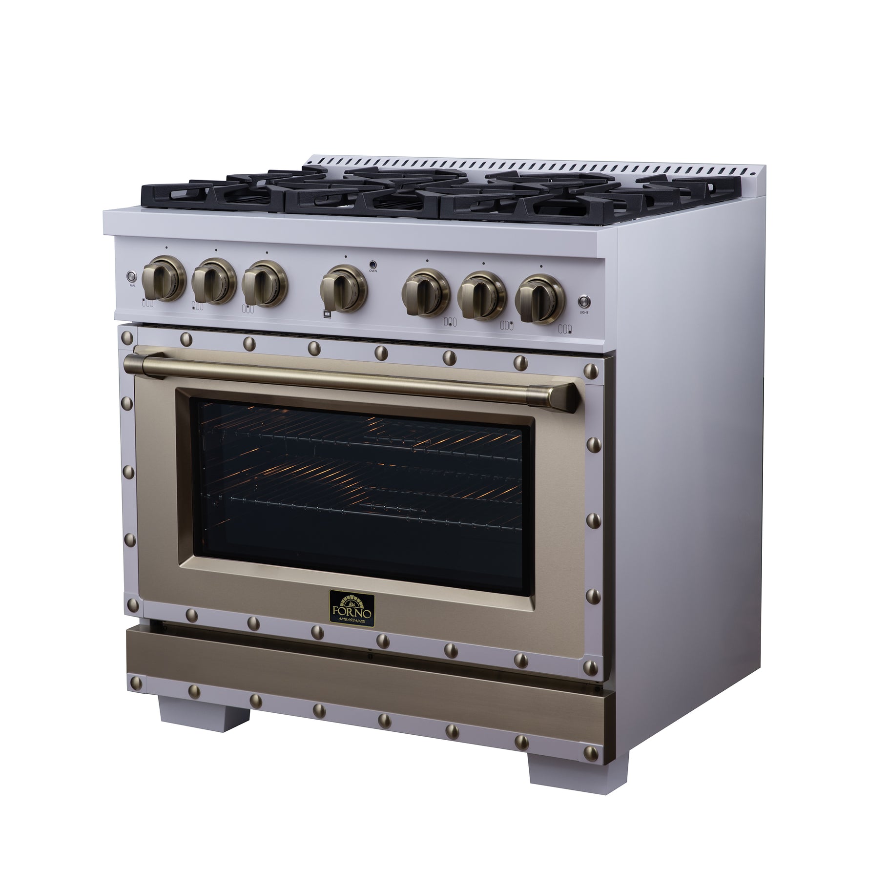 Valente 36" Dual Fuel Range in White, 6 Sealed Burners, 71 000 BTU Cooktop Output , 5.2 Cu.Ft. convection Oven, Telescopic Racks - BonPrix Électroménagers