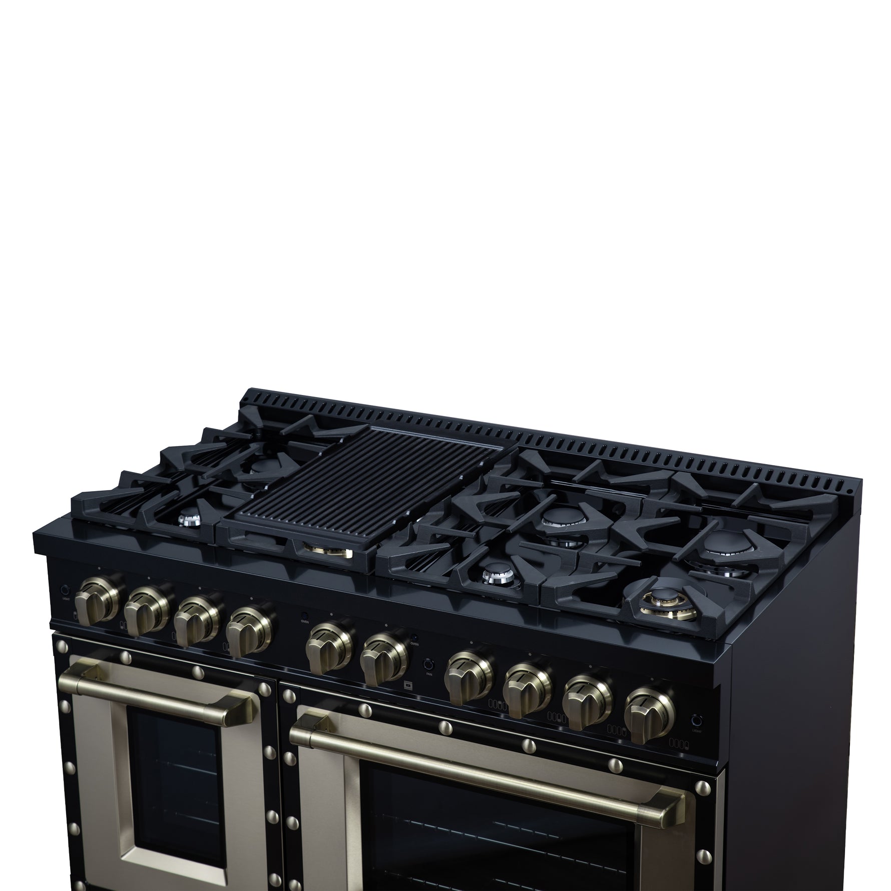 Valente 48" Dual Fuel Range in Black, 8 Sealed Burners, 94 000 BTU Cooktop Output, 6.7 Cu.Ft. Double Oven, Telescopic Racks - BonPrix Électroménagers