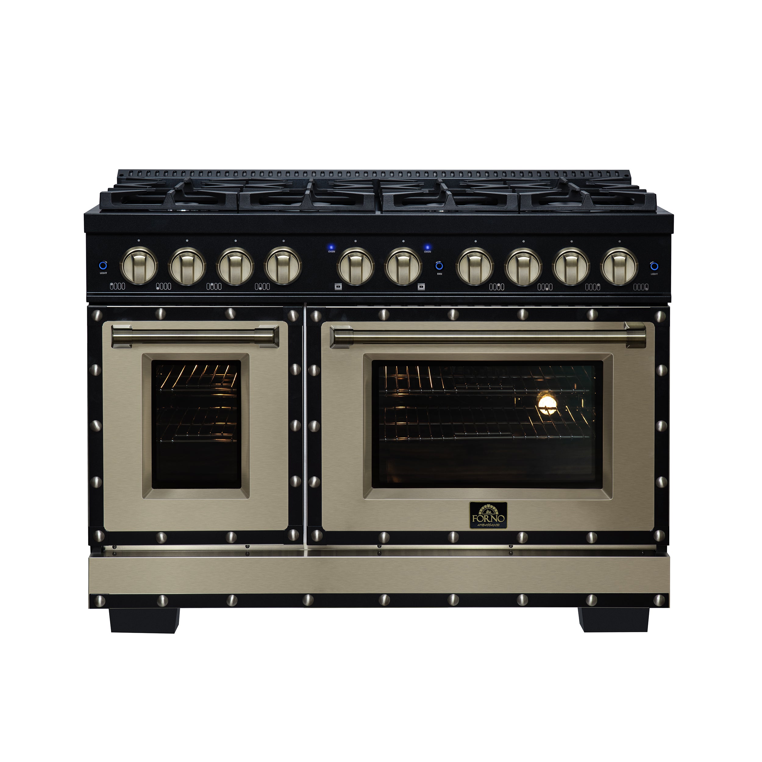 Valente 48" Dual Fuel Range in Black, 8 Sealed Burners, 94 000 BTU Cooktop Output, 6.7 Cu.Ft. Double Oven, Telescopic Racks - BonPrix Électroménagers