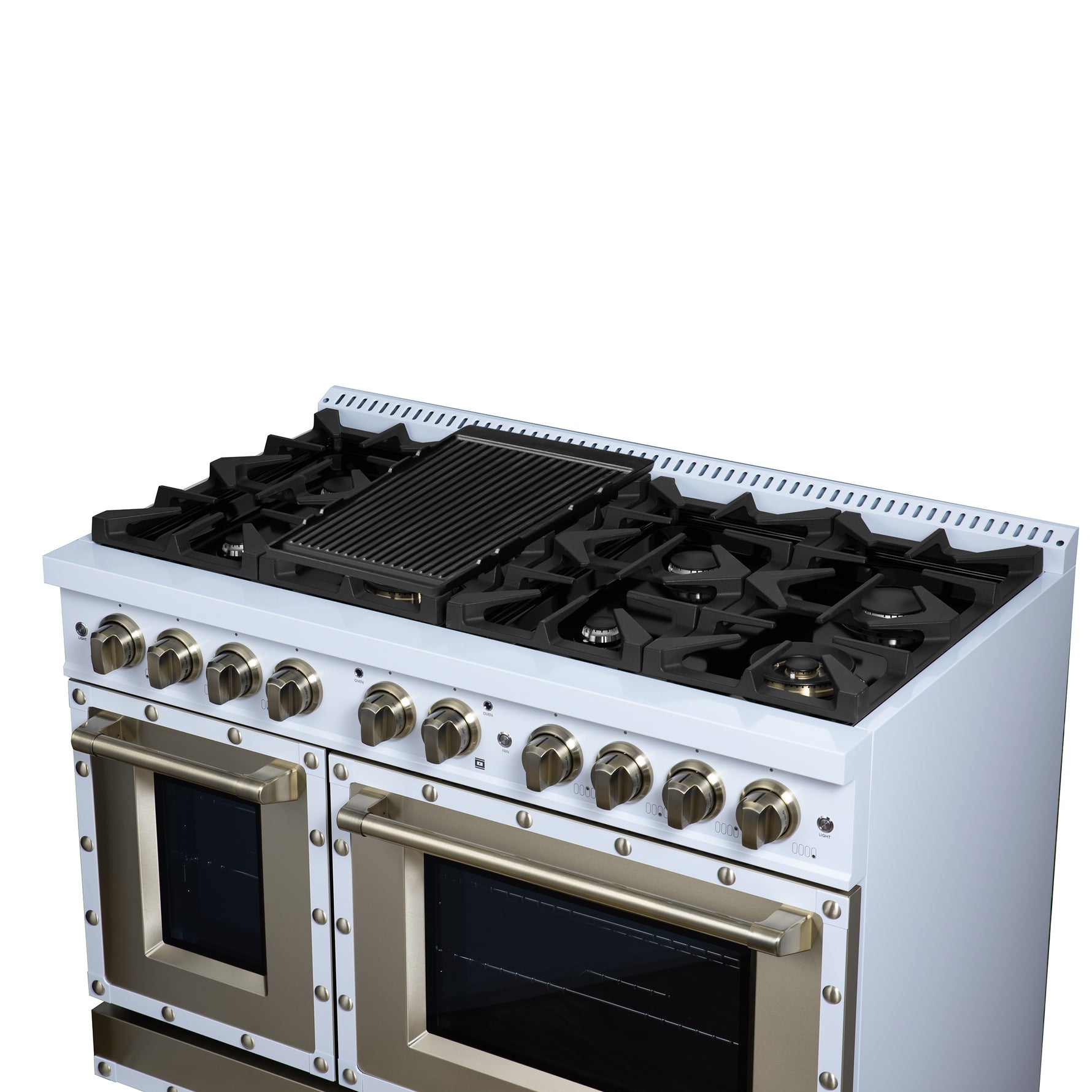 Valente 48" Dual Fuel Range in White, 8 Sealed Burners, 94 000 BTU Cooktop Output, 6.7 Cu.Ft. Double Oven, Telescopic Racks - BonPrix Électroménagers