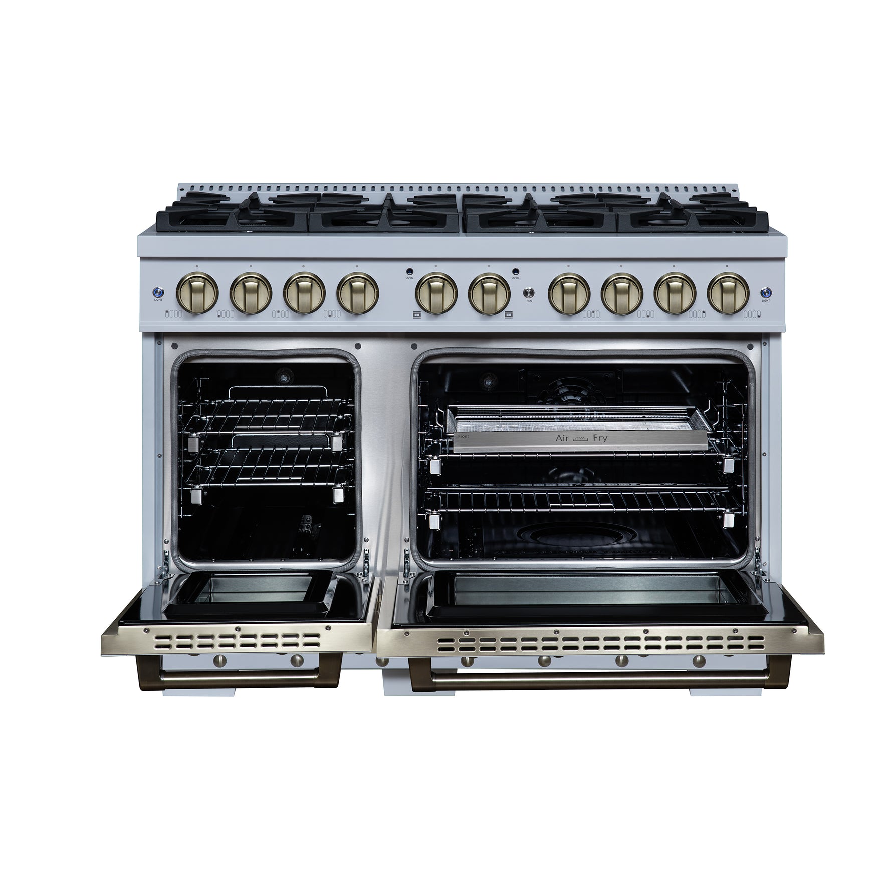 Valente 48" Dual Fuel Range in White, 8 Sealed Burners, 94 000 BTU Cooktop Output, 6.7 Cu.Ft. Double Oven, Telescopic Racks - BonPrix Électroménagers