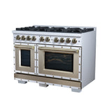 Valente 48" Dual Fuel Range in White, 8 Sealed Burners, 94 000 BTU Cooktop Output, 6.7 Cu.Ft. Double Oven, Telescopic Racks - BonPrix Électroménagers