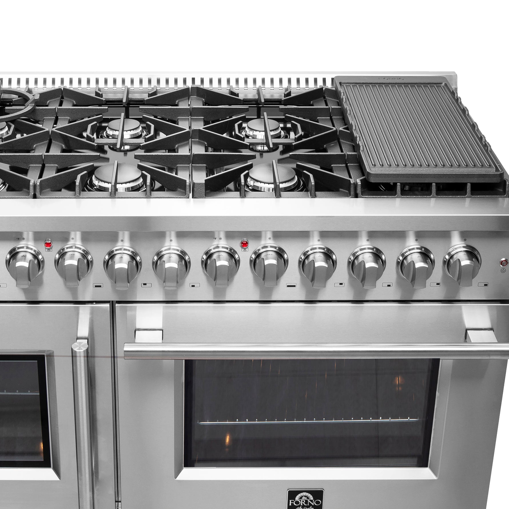 FORNO Galiano Cuisinière à Double Porte à Combustible Mixte de 48 Pouces Tout Acier Inoxydable, 8 Brûleurs Scellés, 107 000 BTU, Plaque de Cuisson, 6,58 pi³ Fours Doubles