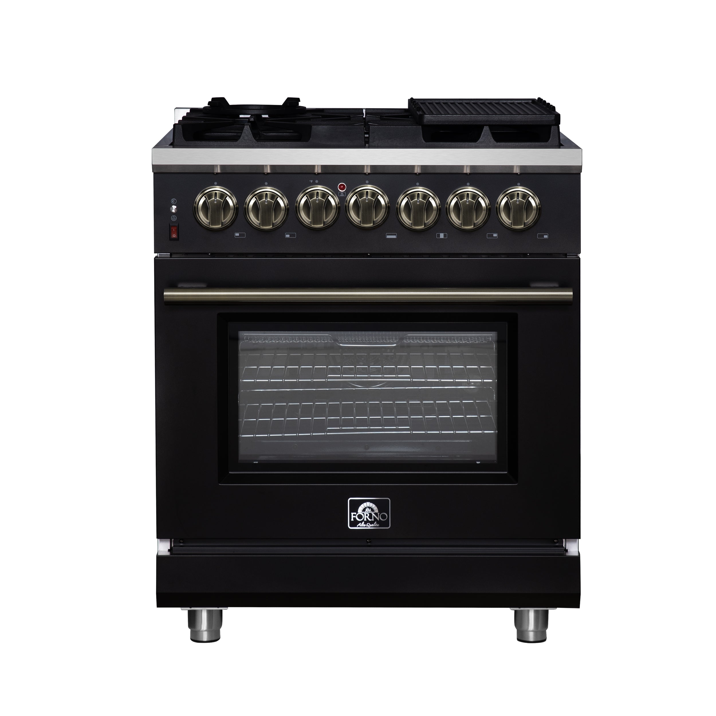 Forno Massimo 30-Inch Freestanding Dual Fuel Range in Black with Antique Brass Accessories, 4 Burners, 4.32 cu. ft. Convection Oven - BonPrix Électroménagers