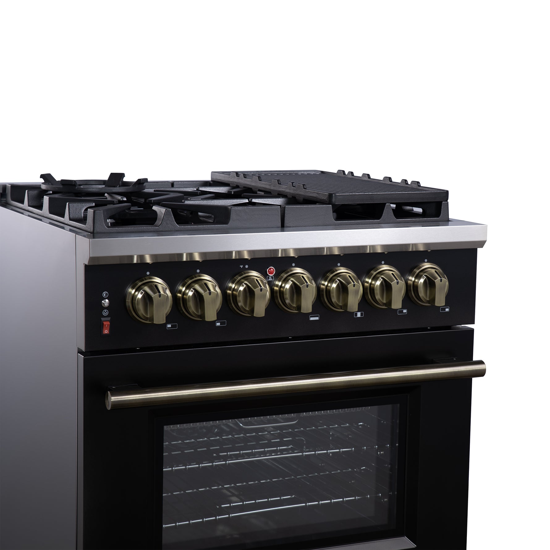 Forno Massimo 30-Inch Freestanding Dual Fuel Range in Black with Antique Brass Accessories, 4 Burners, 4.32 cu. ft. Convection Oven - BonPrix Électroménagers