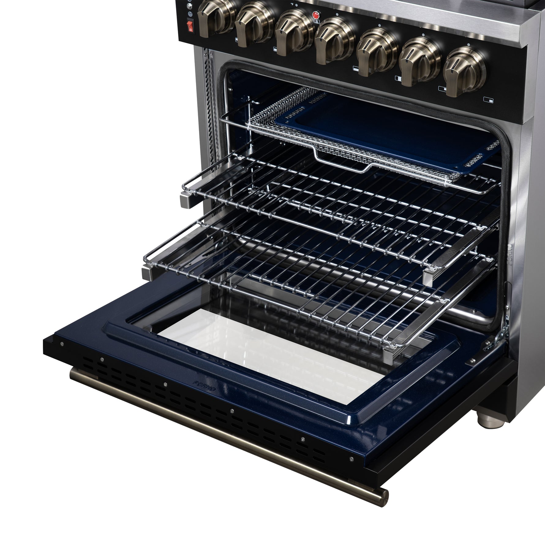 Forno Massimo 30-Inch Freestanding Dual Fuel Range in Black with Antique Brass Accessories, 4 Burners, 4.32 cu. ft. Convection Oven - BonPrix Électroménagers