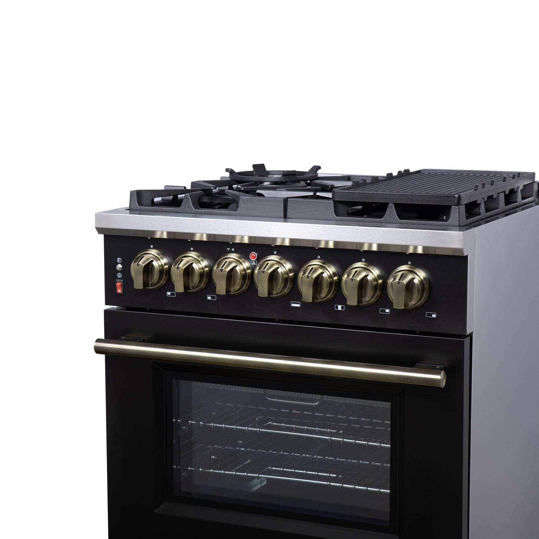 Forno Massimo 30-Inch Freestanding Dual Fuel Range in Black with Antique Brass Accessories, 4 Burners, 4.32 cu. ft. Convection Oven - BonPrix Électroménagers