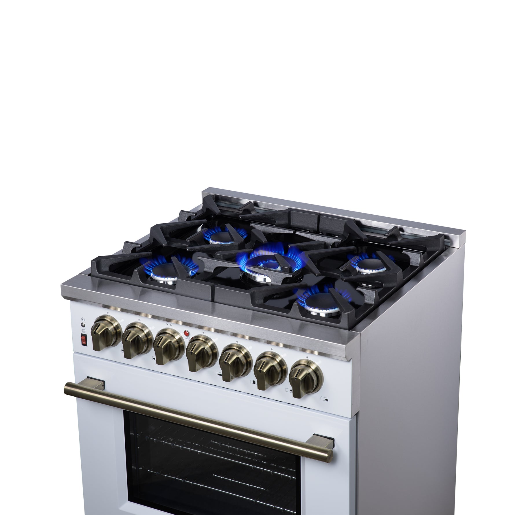 Forno Massimo 30-Inch Freestanding Dual Fuel Range in White with Antique Brass Accessories, 4 Burners, 4.32 cu. ft. Convection Oven - BonPrix Électroménagers