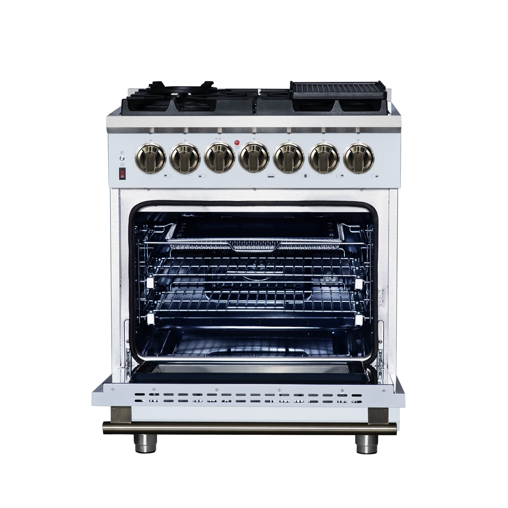 Forno Massimo 30-Inch Freestanding Dual Fuel Range in White with Antique Brass Accessories, 4 Burners, 4.32 cu. ft. Convection Oven - BonPrix Électroménagers