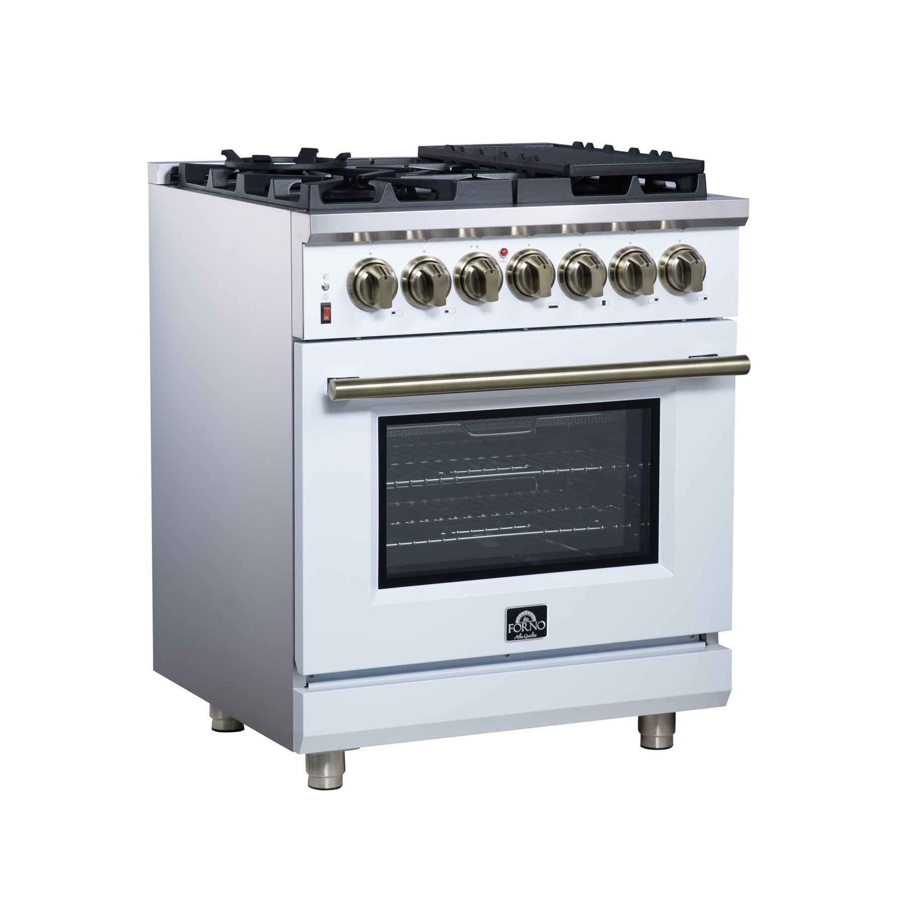 Forno Massimo 30-Inch Freestanding Dual Fuel Range in White with Antique Brass Accessories, 4 Burners, 4.32 cu. ft. Convection Oven - BonPrix Électroménagers