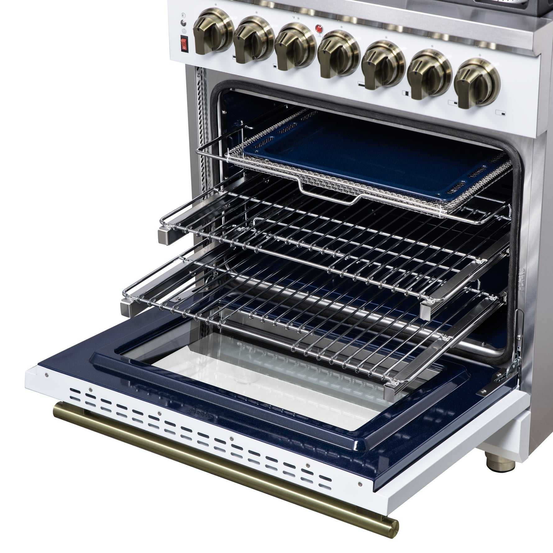 Forno Massimo 30-Inch Freestanding Dual Fuel Range in White with Antique Brass Accessories, 4 Burners, 4.32 cu. ft. Convection Oven - BonPrix Électroménagers
