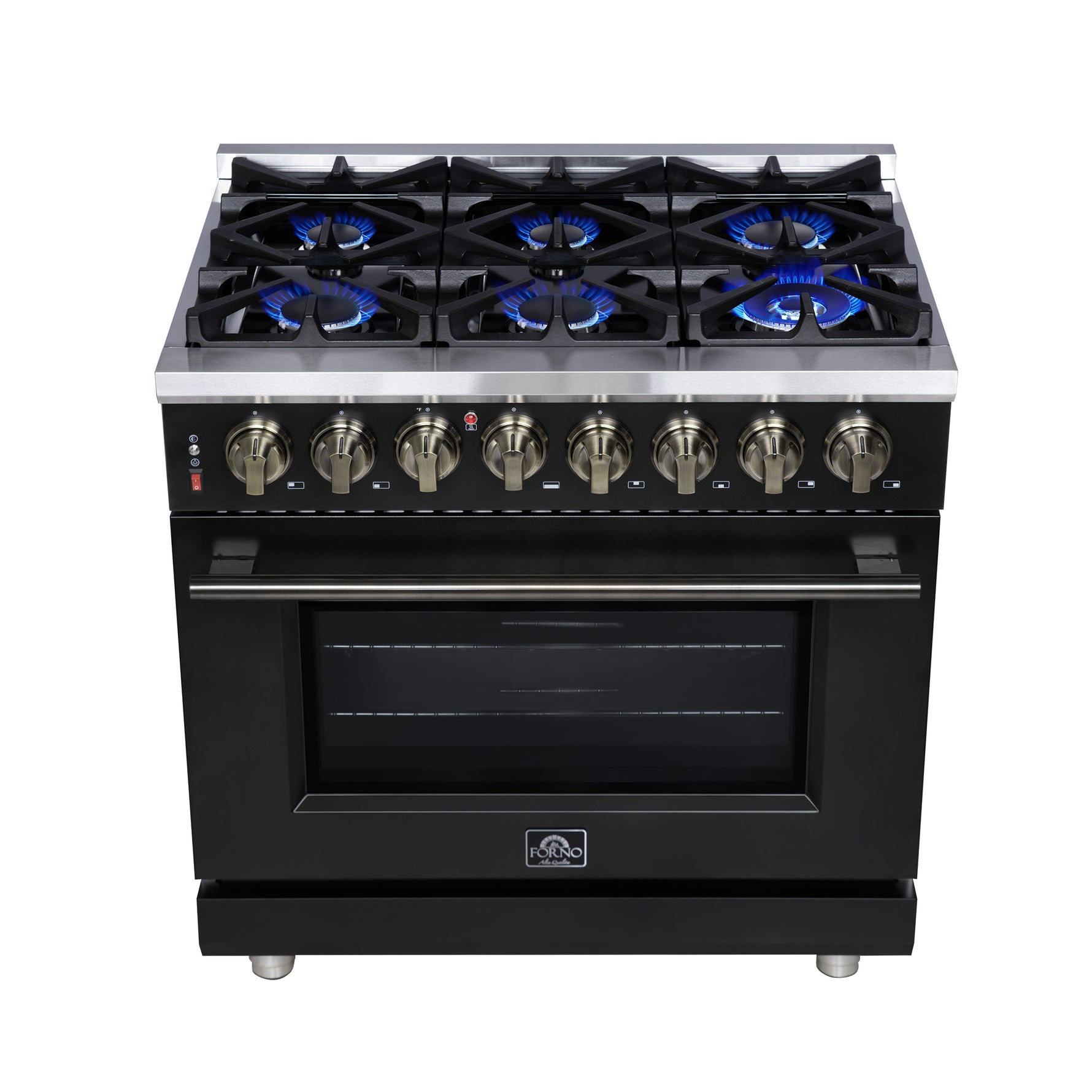 Forno Massimo 36 Inch Freestanding Dual Fuel Range in Black with Antique Brass Accessories, 6 Burners, 5.36 cu. ft. Convection Oven - BonPrix Électroménagers