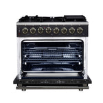 Forno Massimo 36 Inch Freestanding Dual Fuel Range in Black with Antique Brass Accessories, 6 Burners, 5.36 cu. ft. Convection Oven - BonPrix Électroménagers