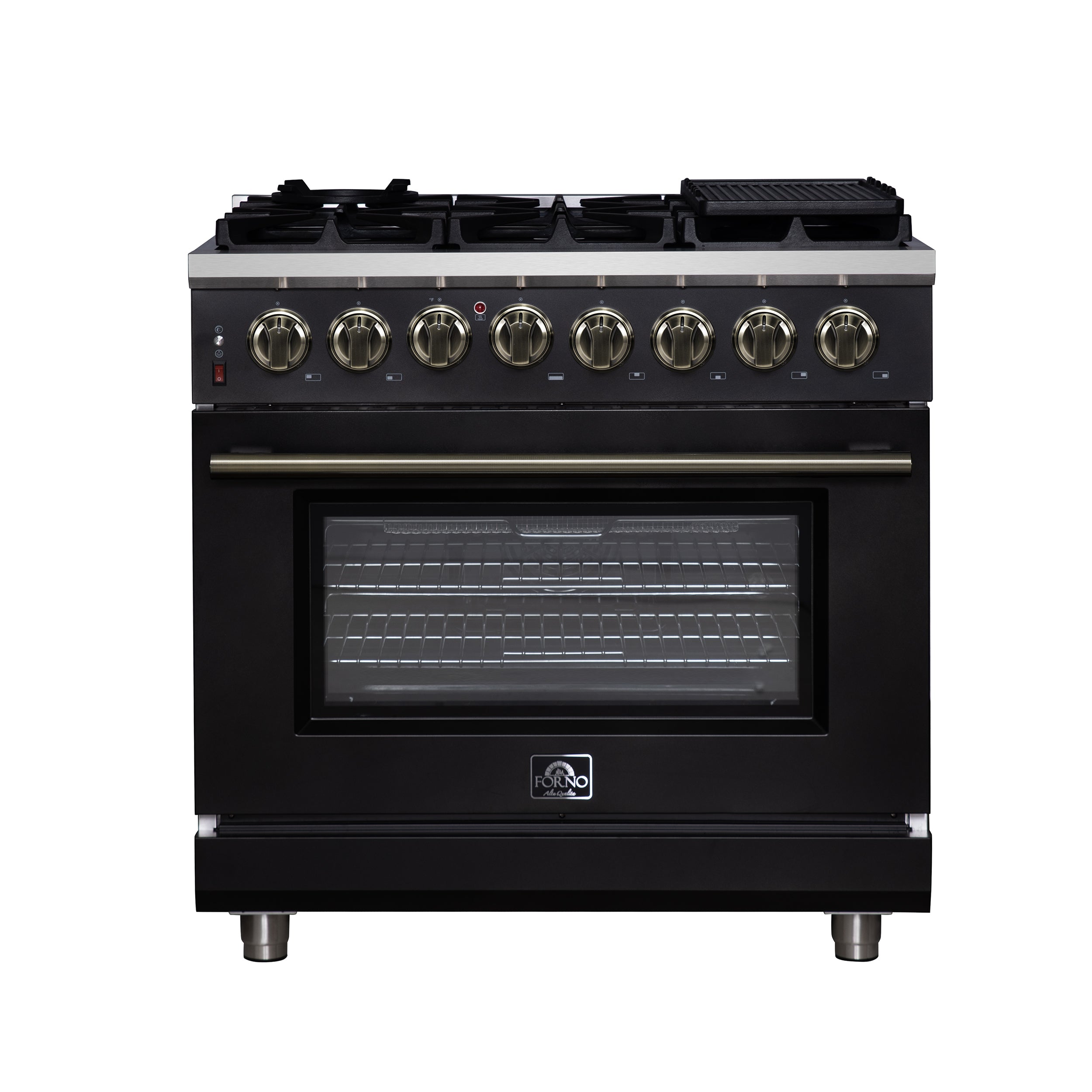 Forno Massimo 36 Inch Freestanding Dual Fuel Range in Black with Antique Brass Accessories, 6 Burners, 5.36 cu. ft. Convection Oven - BonPrix Électroménagers