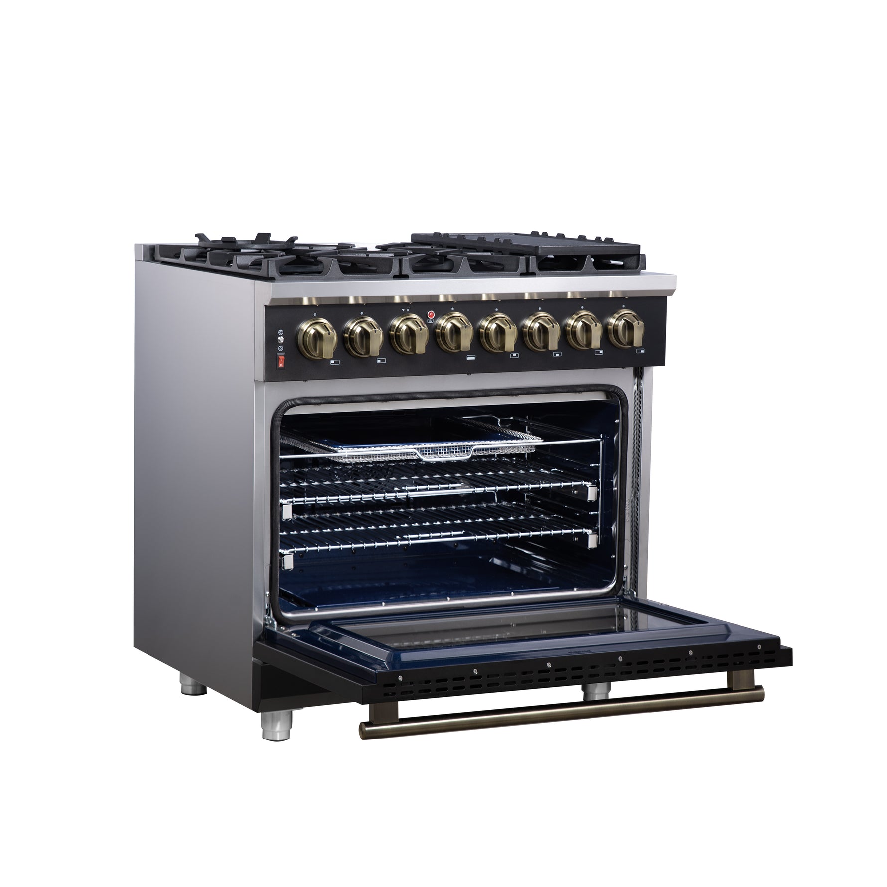 Forno Massimo 36 Inch Freestanding Dual Fuel Range in Black with Antique Brass Accessories, 6 Burners, 5.36 cu. ft. Convection Oven - BonPrix Électroménagers