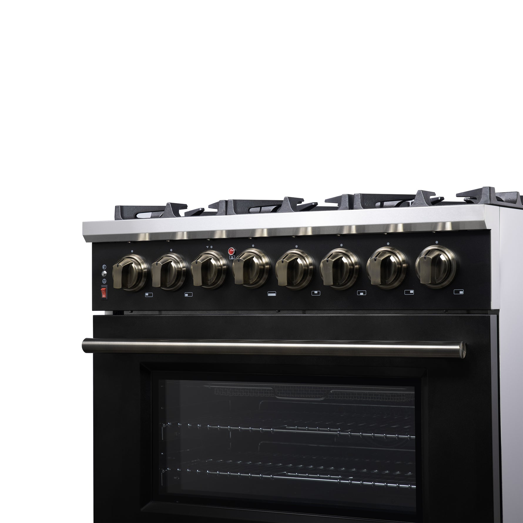 Forno Massimo 36 Inch Freestanding Dual Fuel Range in Black with Antique Brass Accessories, 6 Burners, 5.36 cu. ft. Convection Oven - BonPrix Électroménagers