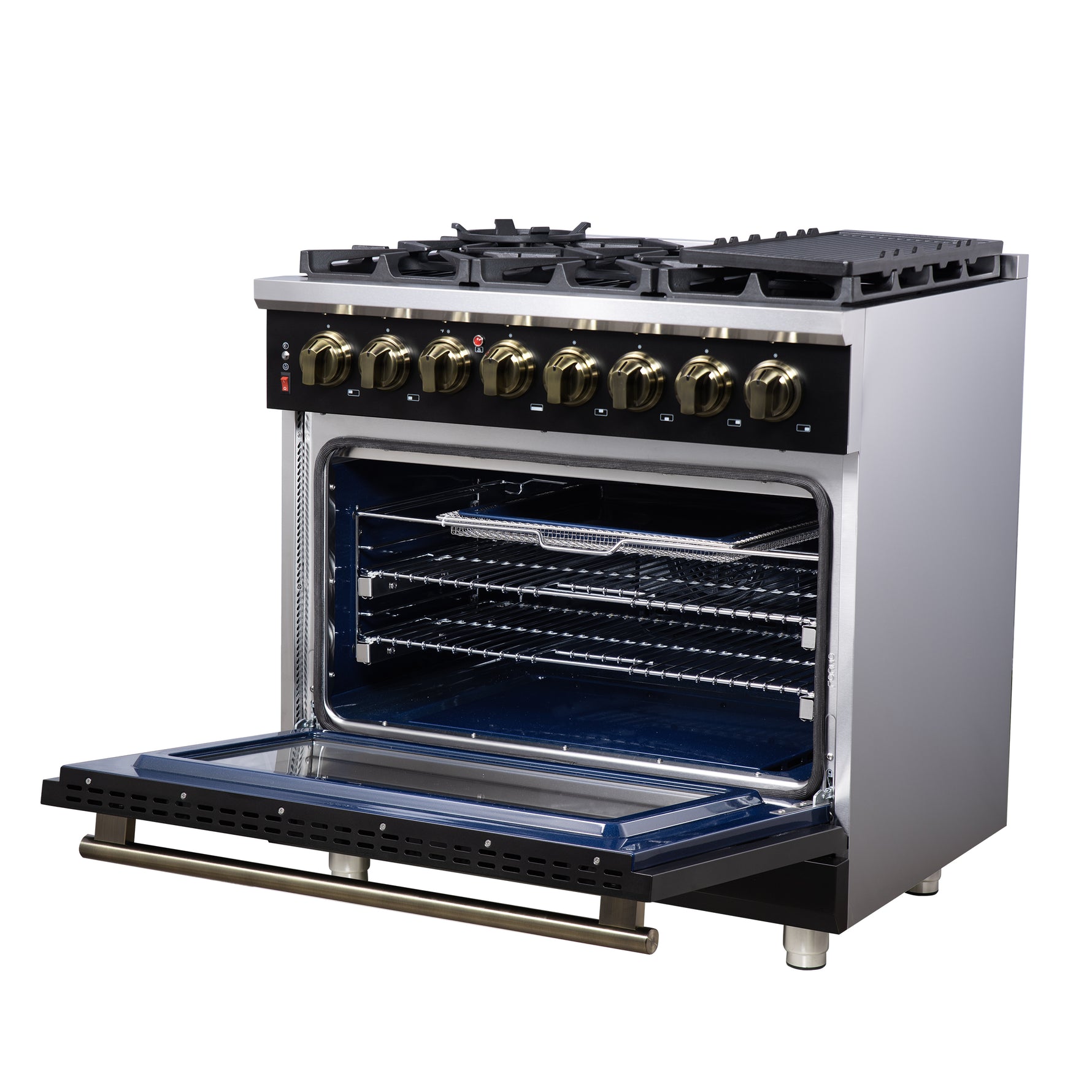 Forno Massimo 36 Inch Freestanding Dual Fuel Range in Black with Antique Brass Accessories, 6 Burners, 5.36 cu. ft. Convection Oven - BonPrix Électroménagers