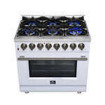 Forno Massimo 36 Inch Freestanding Dual Fuel Range in White with Antique Brass Accessories, 6 Burners, 5.36 cu. ft. Convection Oven - BonPrix Électroménagers