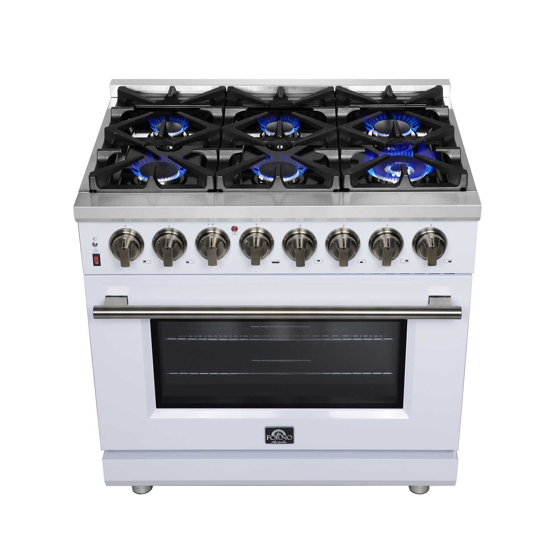 Forno Massimo 36 Inch Freestanding Dual Fuel Range in White with Antique Brass Accessories, 6 Burners, 5.36 cu. ft. Convection Oven - BonPrix Électroménagers