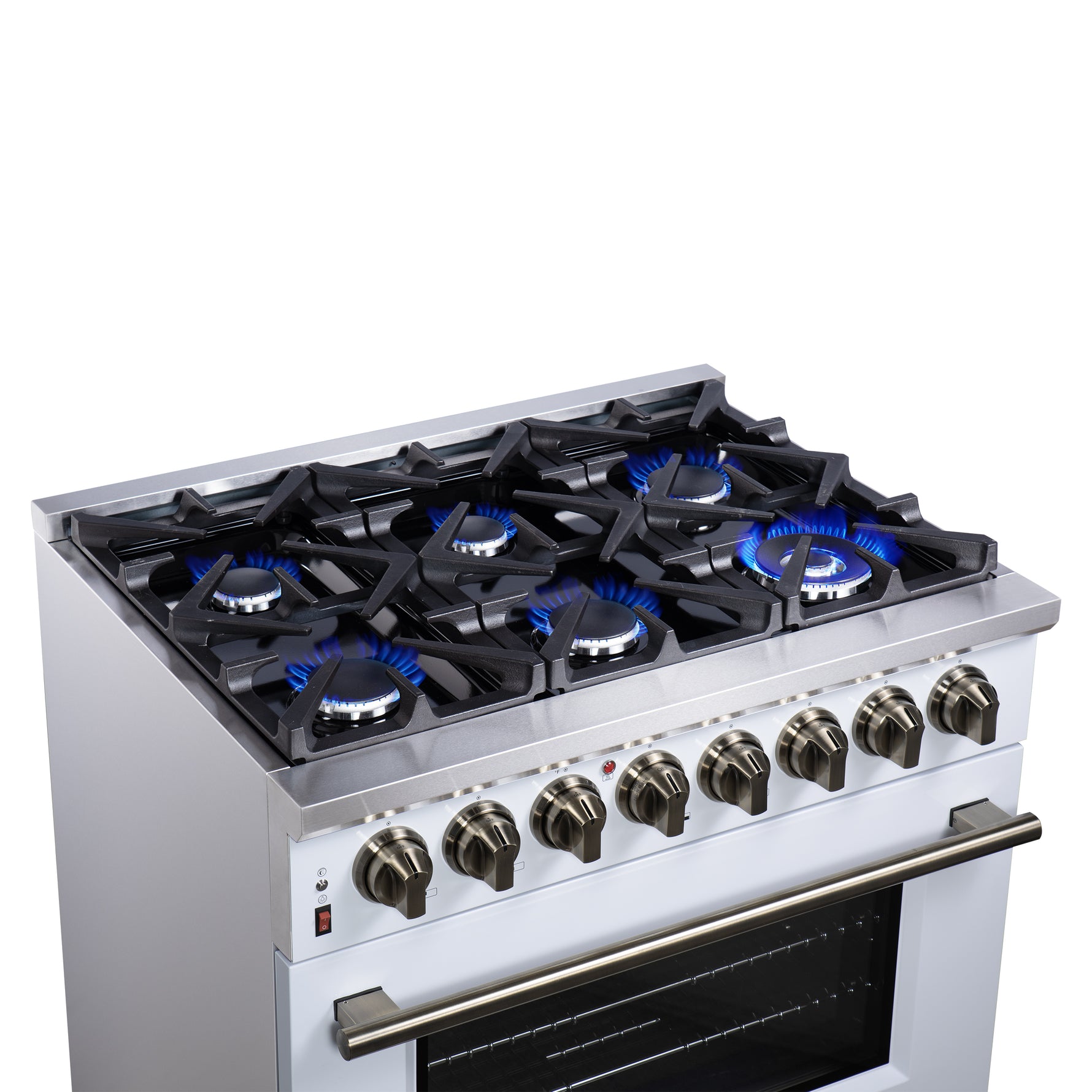 Forno Massimo 36 Inch Freestanding Dual Fuel Range in White with Antique Brass Accessories, 6 Burners, 5.36 cu. ft. Convection Oven - BonPrix Électroménagers