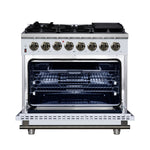 Forno Massimo 36 Inch Freestanding Dual Fuel Range in White with Antique Brass Accessories, 6 Burners, 5.36 cu. ft. Convection Oven - BonPrix Électroménagers