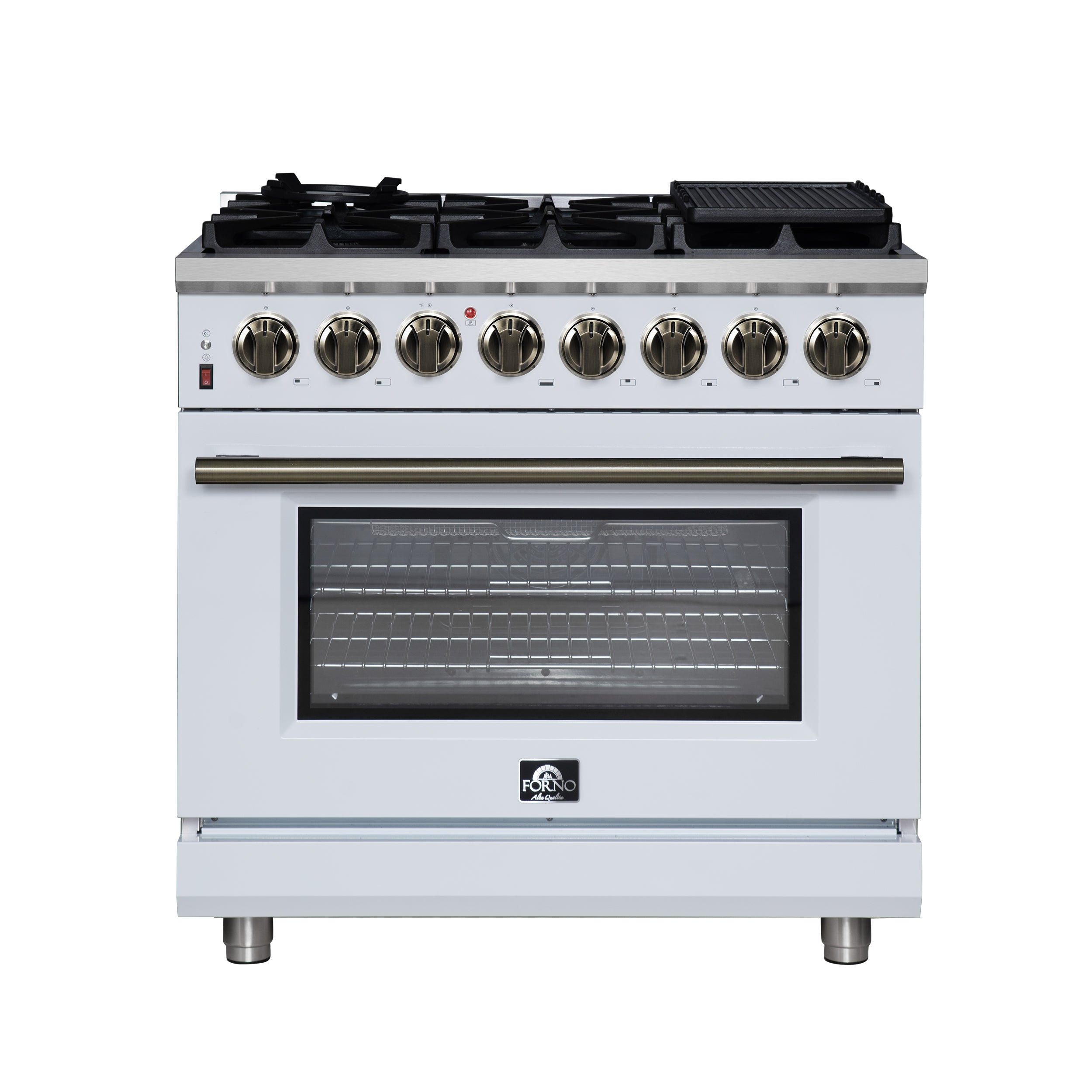 Forno Massimo 36 Inch Freestanding Dual Fuel Range in White with Antique Brass Accessories, 6 Burners, 5.36 cu. ft. Convection Oven - BonPrix Électroménagers