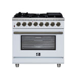 Forno Massimo 36 Inch Freestanding Dual Fuel Range in White with Antique Brass Accessories, 6 Burners, 5.36 cu. ft. Convection Oven - BonPrix Électroménagers
