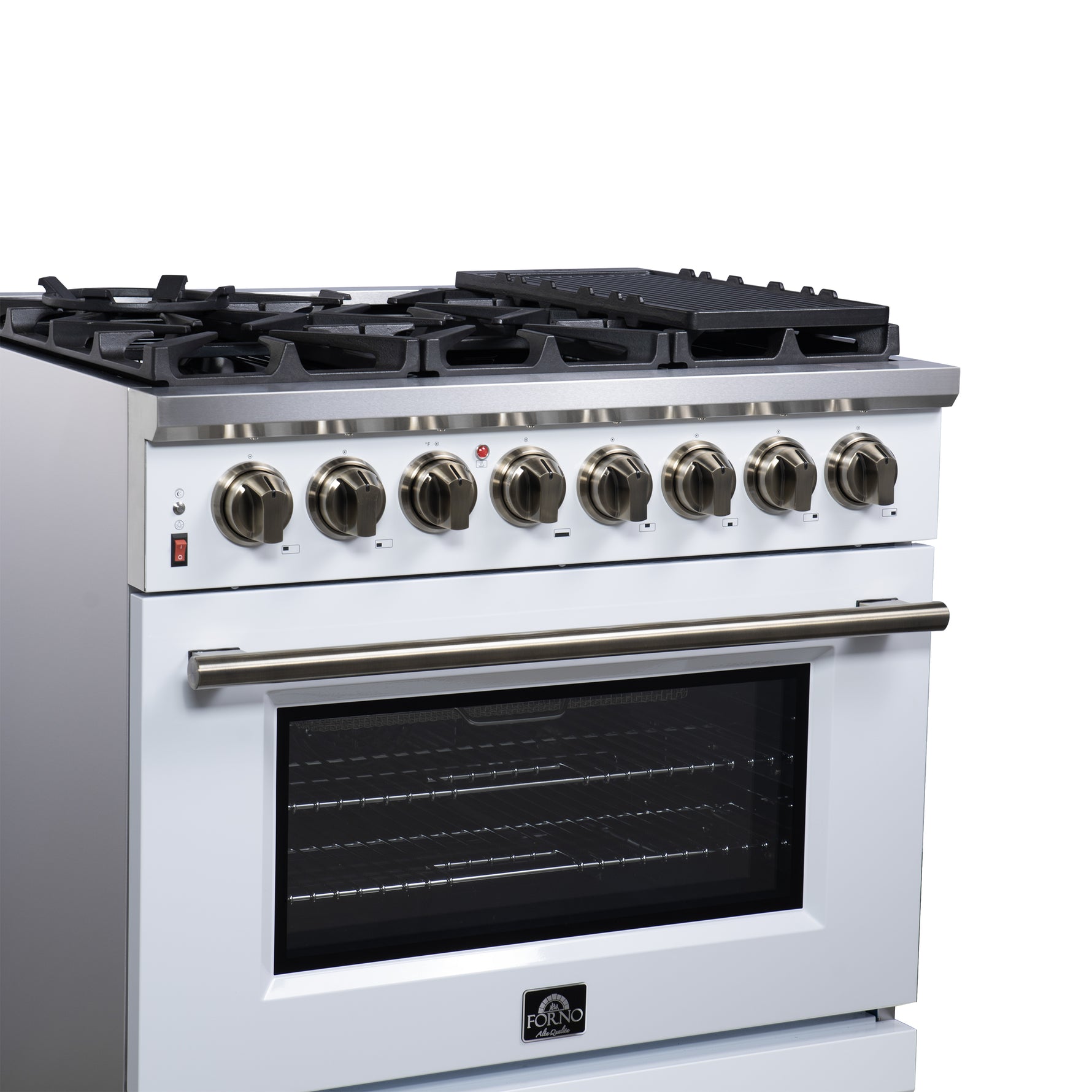 Forno Massimo 36 Inch Freestanding Dual Fuel Range in White with Antique Brass Accessories, 6 Burners, 5.36 cu. ft. Convection Oven - BonPrix Électroménagers