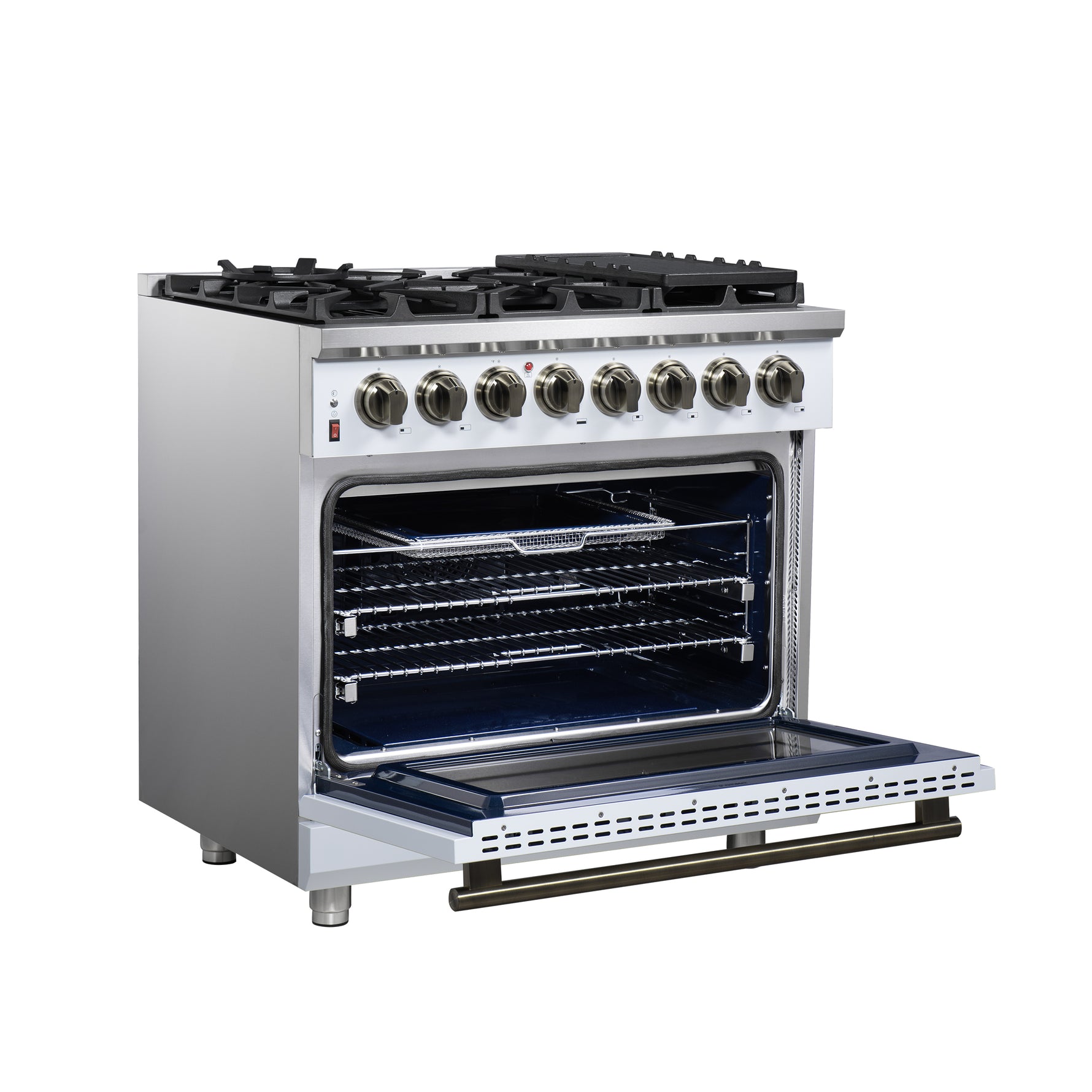 Forno Massimo 36 Inch Freestanding Dual Fuel Range in White with Antique Brass Accessories, 6 Burners, 5.36 cu. ft. Convection Oven - BonPrix Électroménagers
