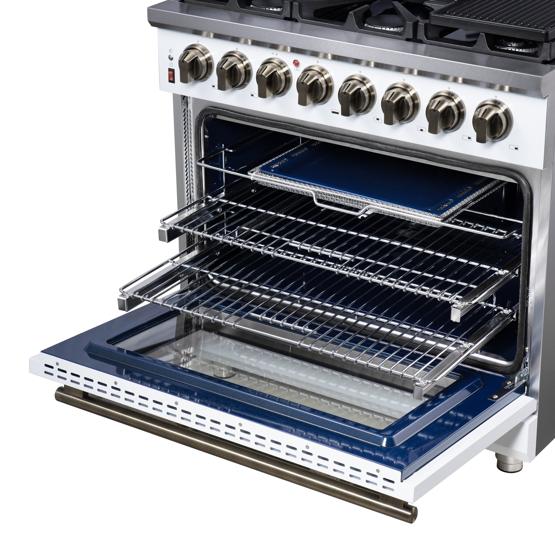 Forno Massimo 36 Inch Freestanding Dual Fuel Range in White with Antique Brass Accessories, 6 Burners, 5.36 cu. ft. Convection Oven - BonPrix Électroménagers