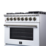 Forno Massimo 36 Inch Freestanding Dual Fuel Range in White with Antique Brass Accessories, 6 Burners, 5.36 cu. ft. Convection Oven - BonPrix Électroménagers