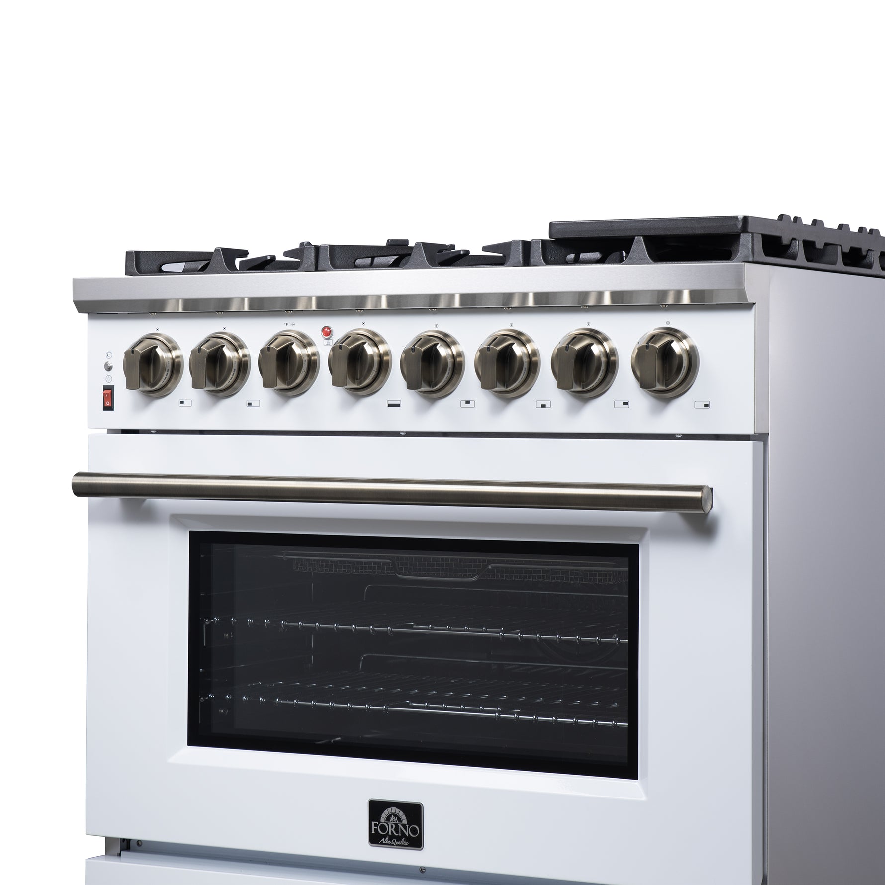 Forno Massimo 36 Inch Freestanding Dual Fuel Range in White with Antique Brass Accessories, 6 Burners, 5.36 cu. ft. Convection Oven - BonPrix Électroménagers