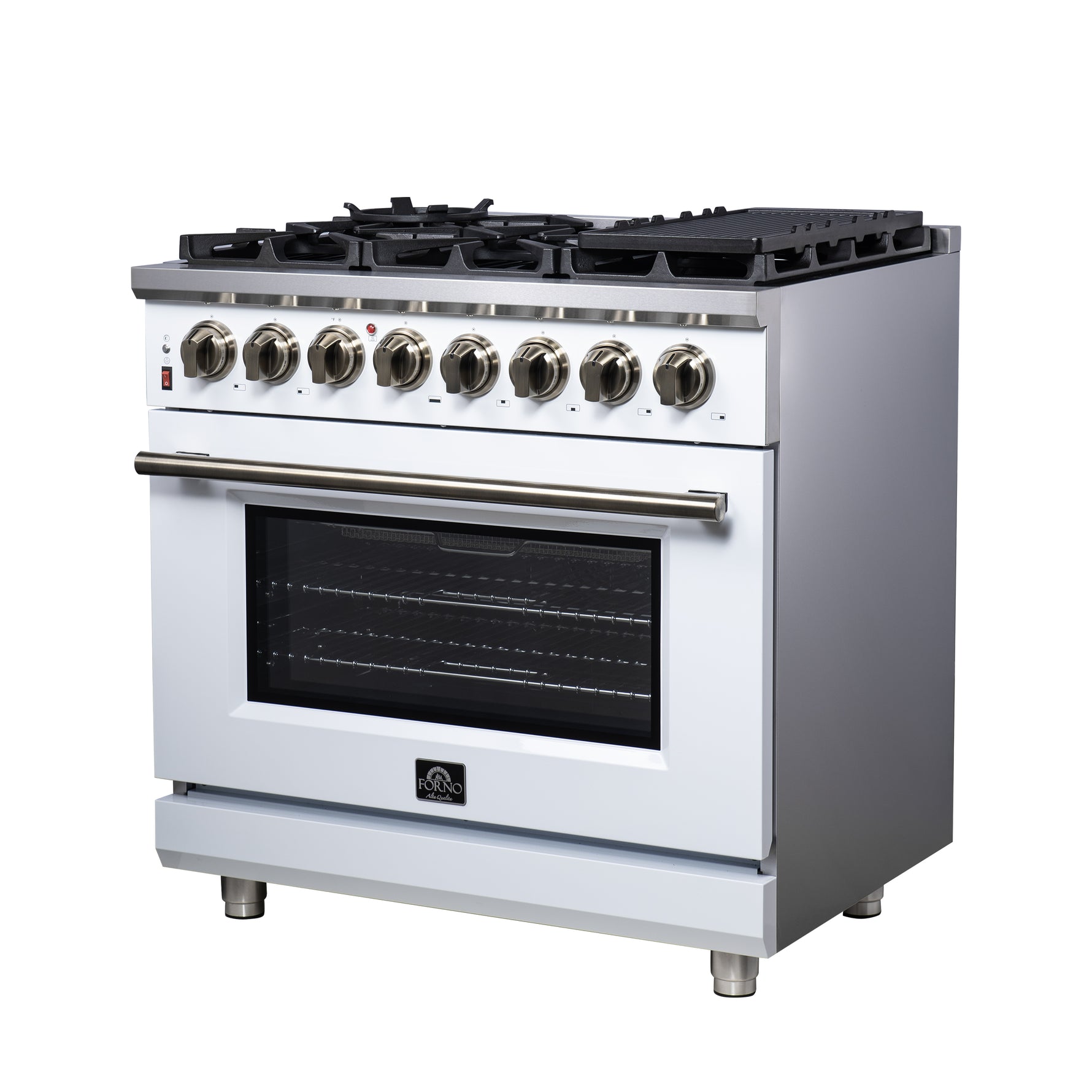 Forno Massimo 36 Inch Freestanding Dual Fuel Range in White with Antique Brass Accessories, 6 Burners, 5.36 cu. ft. Convection Oven - BonPrix Électroménagers