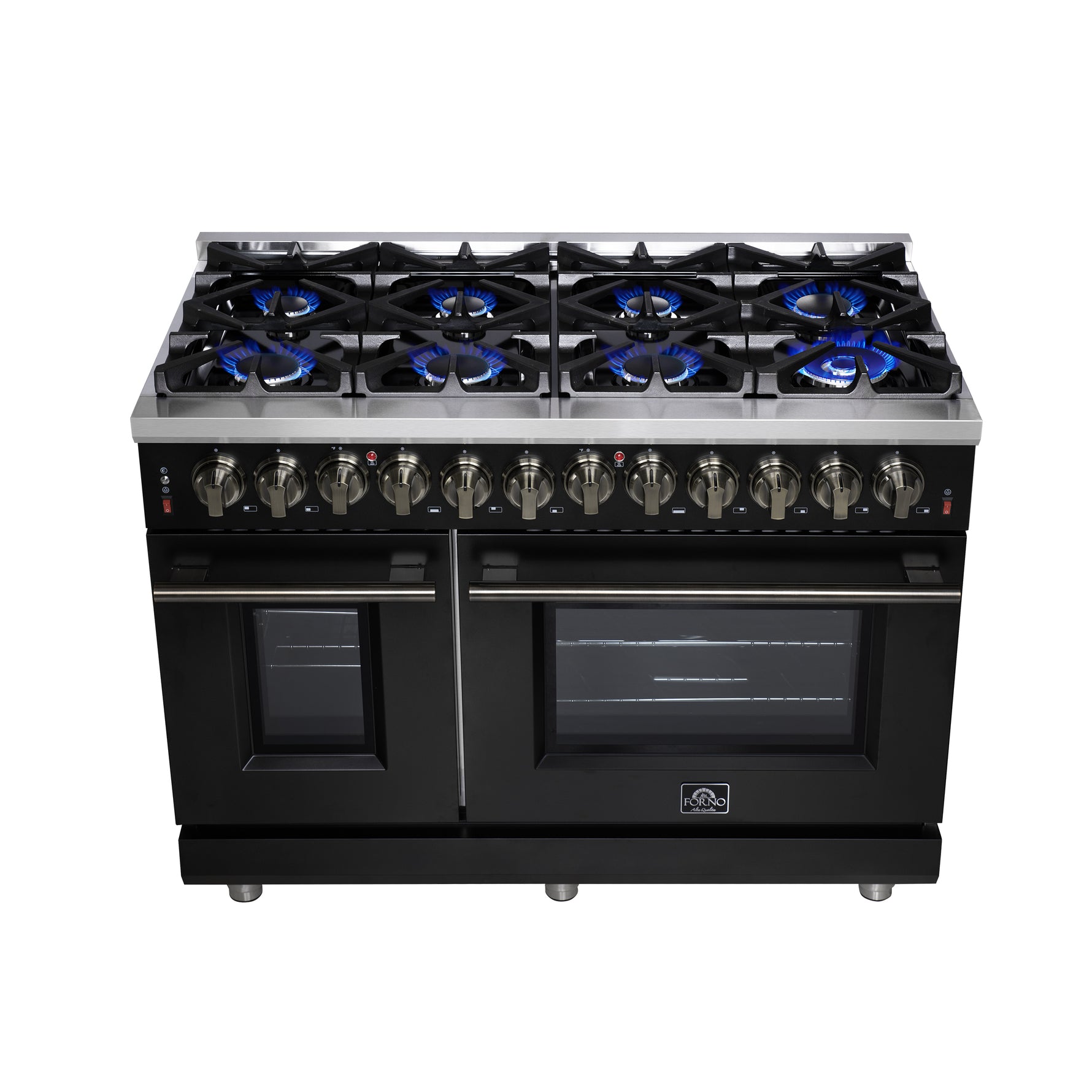 Forno Massimo 48 Inch Freestanding Dual Fuel Range in Black with Antique Brass Accessories, 8 Burners, 6.58 cu. ft. Convection Oven - BonPrix Électroménagers