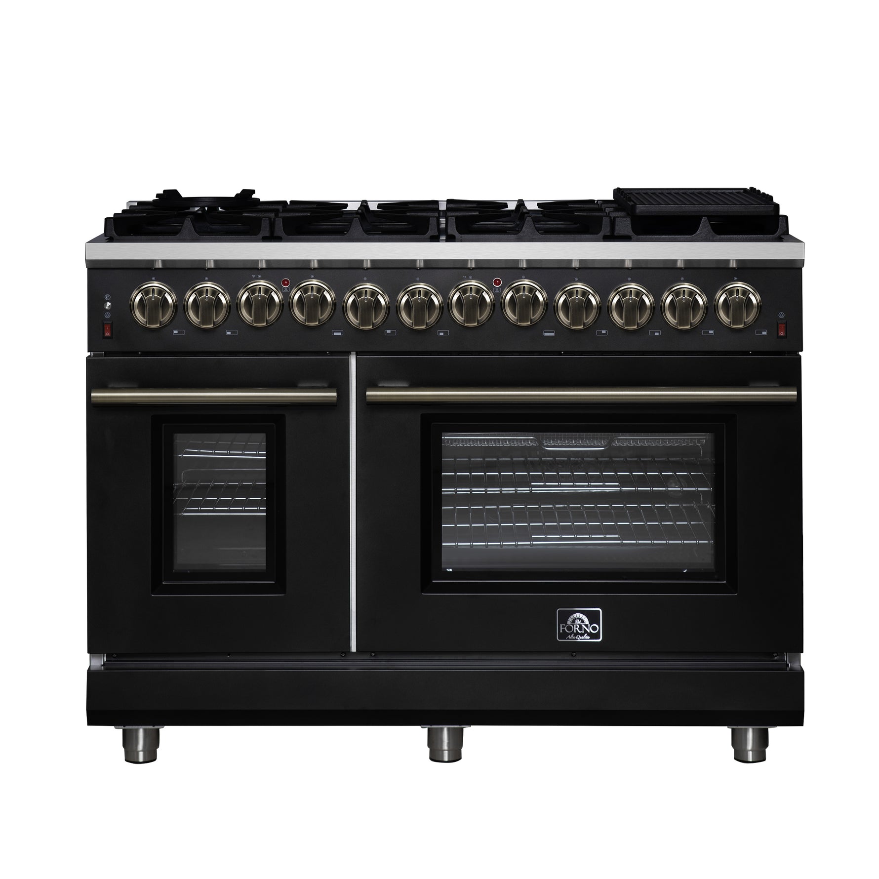 Forno Massimo 48 Inch Freestanding Dual Fuel Range in Black with Antique Brass Accessories, 8 Burners, 6.58 cu. ft. Convection Oven - BonPrix Électroménagers
