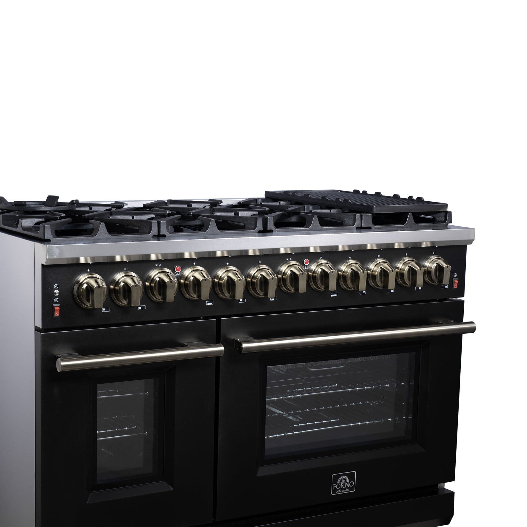 Forno Massimo 48 Inch Freestanding Dual Fuel Range in Black with Antique Brass Accessories, 8 Burners, 6.58 cu. ft. Convection Oven - BonPrix Électroménagers