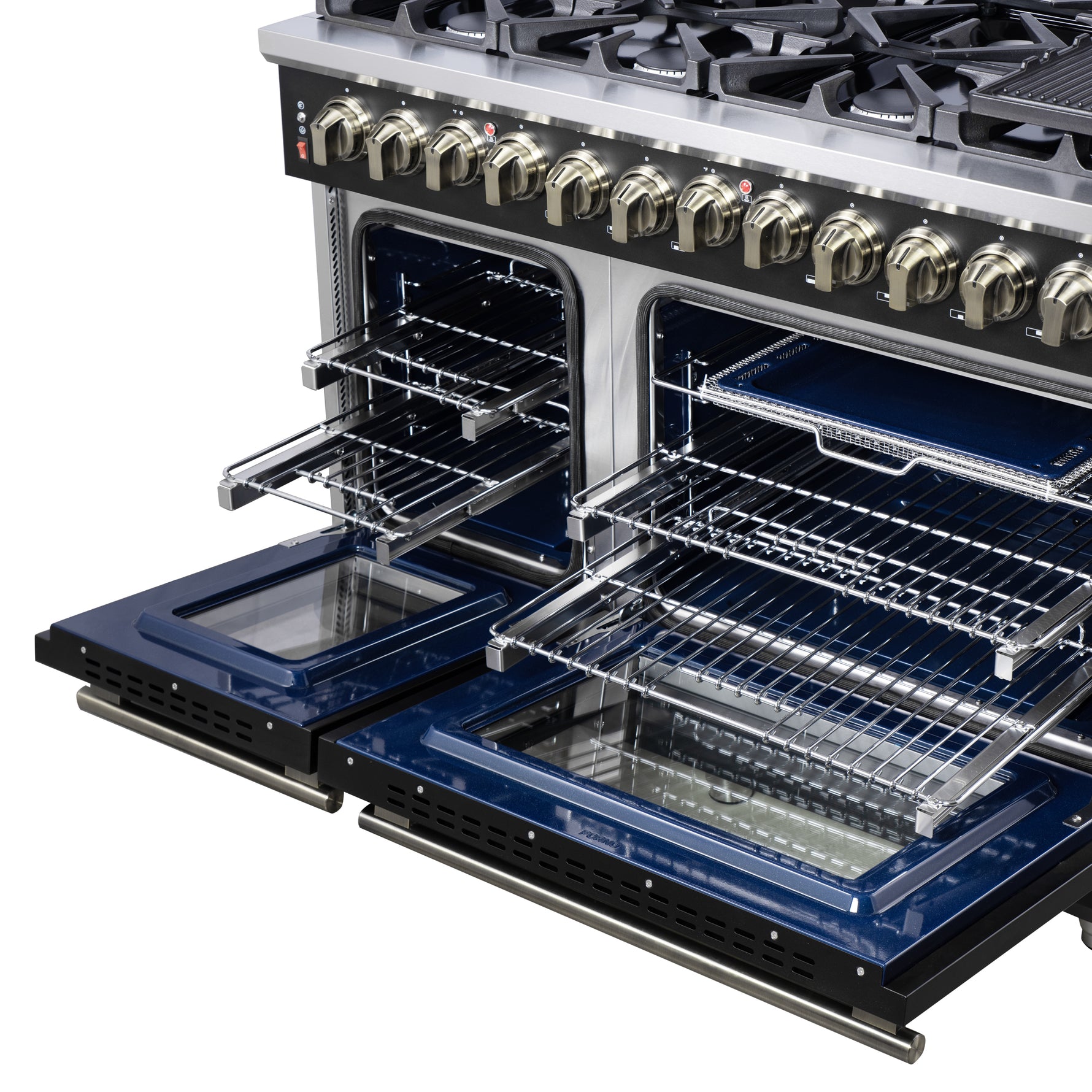 Forno Massimo 48 Inch Freestanding Dual Fuel Range in Black with Antique Brass Accessories, 8 Burners, 6.58 cu. ft. Convection Oven - BonPrix Électroménagers