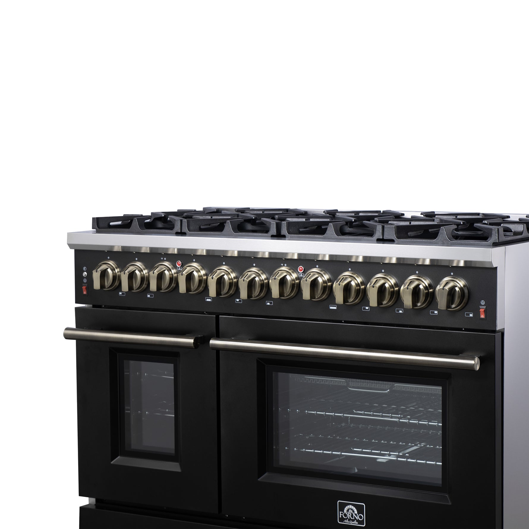 Forno Massimo 48 Inch Freestanding Dual Fuel Range in Black with Antique Brass Accessories, 8 Burners, 6.58 cu. ft. Convection Oven - BonPrix Électroménagers