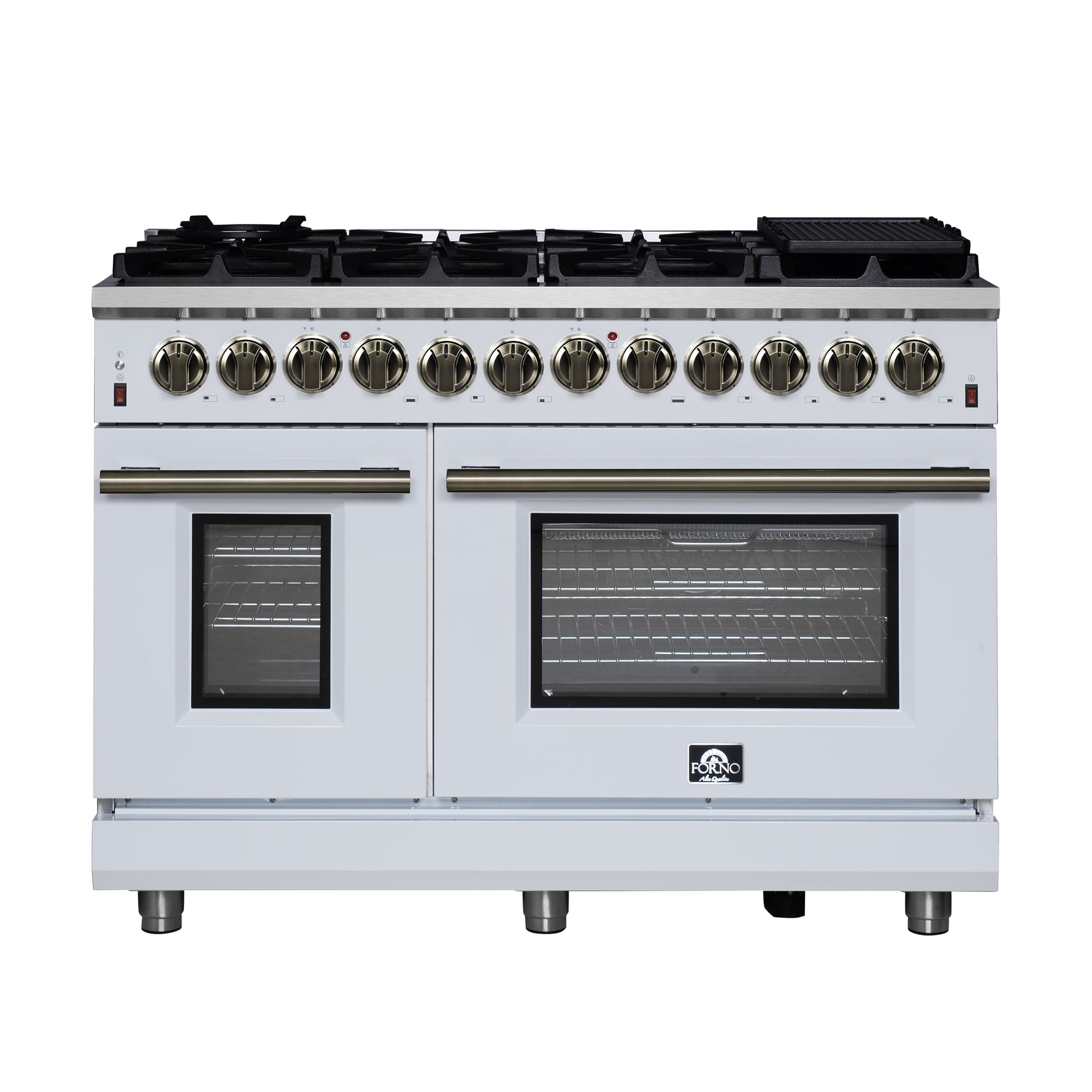 Forno Massimo 48 Inch Freestanding Dual Fuel Range in White with Antique Brass Accessories, 8 Burners, 6.58 cu. ft. Convection Oven - BonPrix Électroménagers