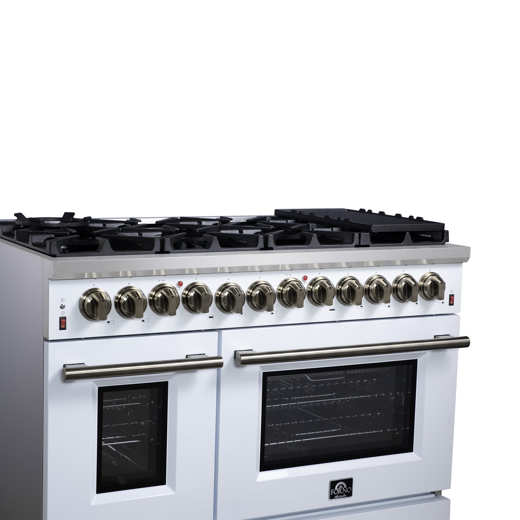 Forno Massimo 48 Inch Freestanding Dual Fuel Range in White with Antique Brass Accessories, 8 Burners, 6.58 cu. ft. Convection Oven - BonPrix Électroménagers