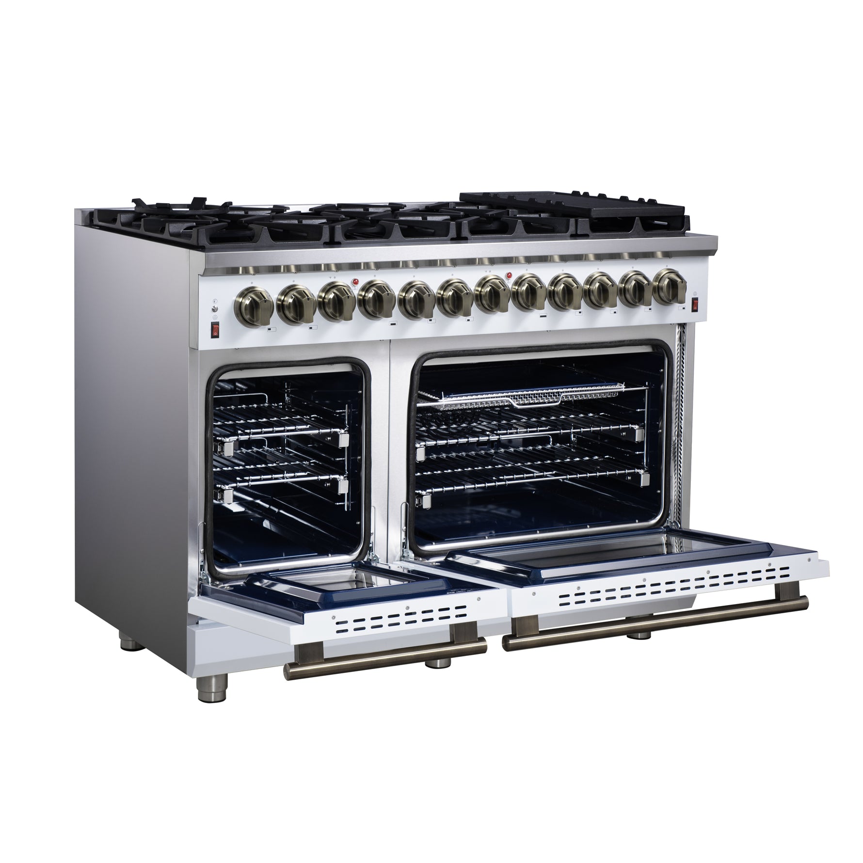 Forno Massimo 48 Inch Freestanding Dual Fuel Range in White with Antique Brass Accessories, 8 Burners, 6.58 cu. ft. Convection Oven - BonPrix Électroménagers