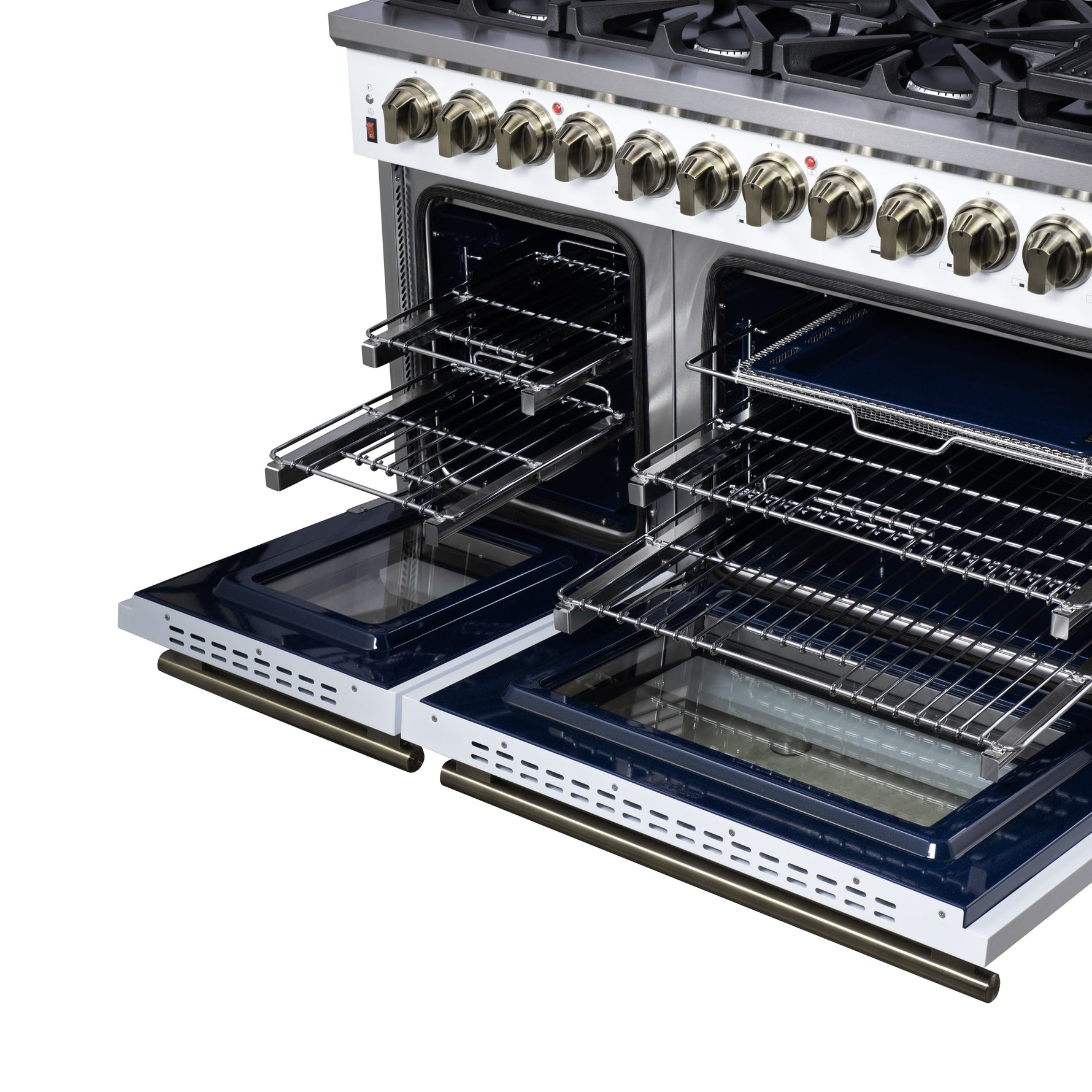Forno Massimo 48 Inch Freestanding Dual Fuel Range in White with Antique Brass Accessories, 8 Burners, 6.58 cu. ft. Convection Oven - BonPrix Électroménagers