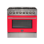Forno Galiano 36-Inch Freestanding Dual Fuel Range, 6 Burners, Double Convection Ovens, Red Door - BonPrix Électroménagers