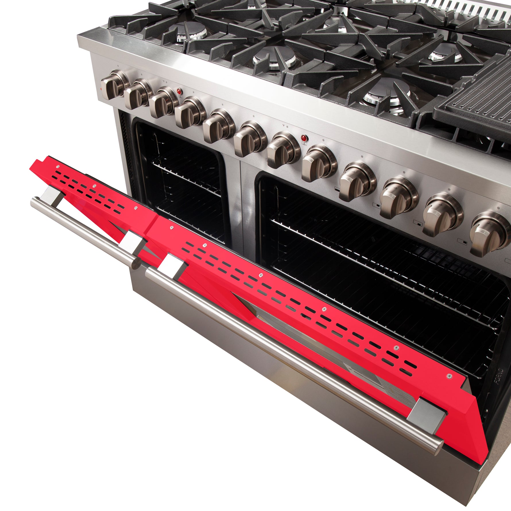 Forno Galiano 48-Inch Freestanding Dual Fuel Range, 8 Burners, Double Convection Ovens, Red Doors - BonPrix Électroménagers