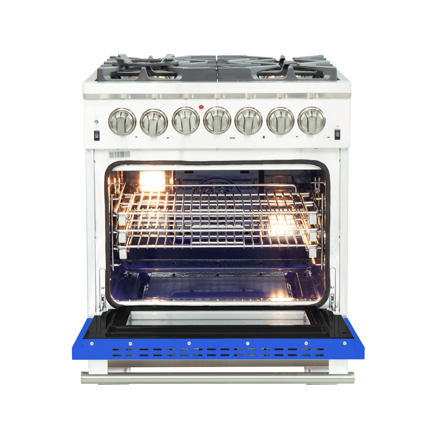 Forno Capriasca 30-Inch Freestanding Dual Fuel Range, 4 Burners, True Convection Oven, Blue Door - BonPrix Électroménagers